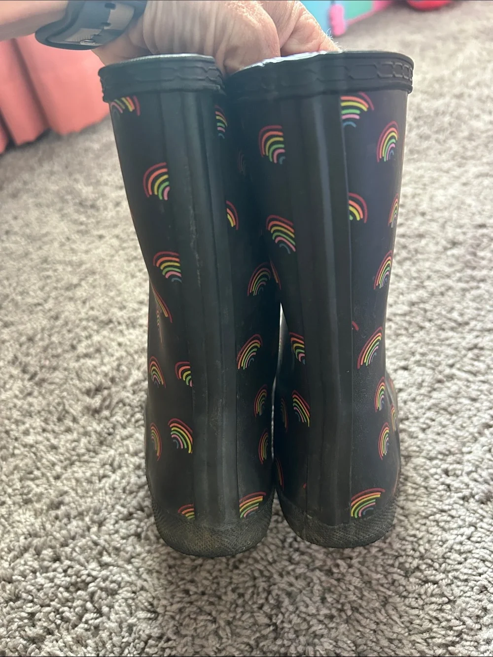 Hunter Black Rain Boots with Rainbow Motif